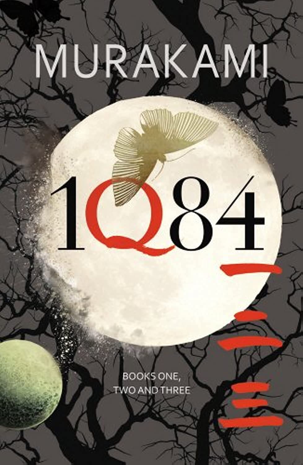 Book cover of '1Q84' by Haruki Murakami with a moon and tree branches in the background.
