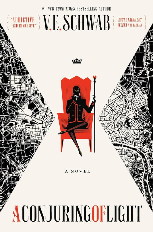 Book cover of 'A Conjuring of Light' by V.E. Schwab featuring a woman on a throne with city map design.