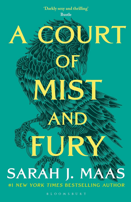 Book cover of 'A Court of Mist and Fury' with a stylized bird illustration on a green background.