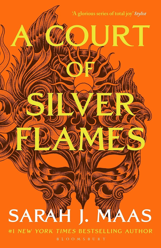 Book cover of 'A Court of Silver Flames' with ornate design and orange background