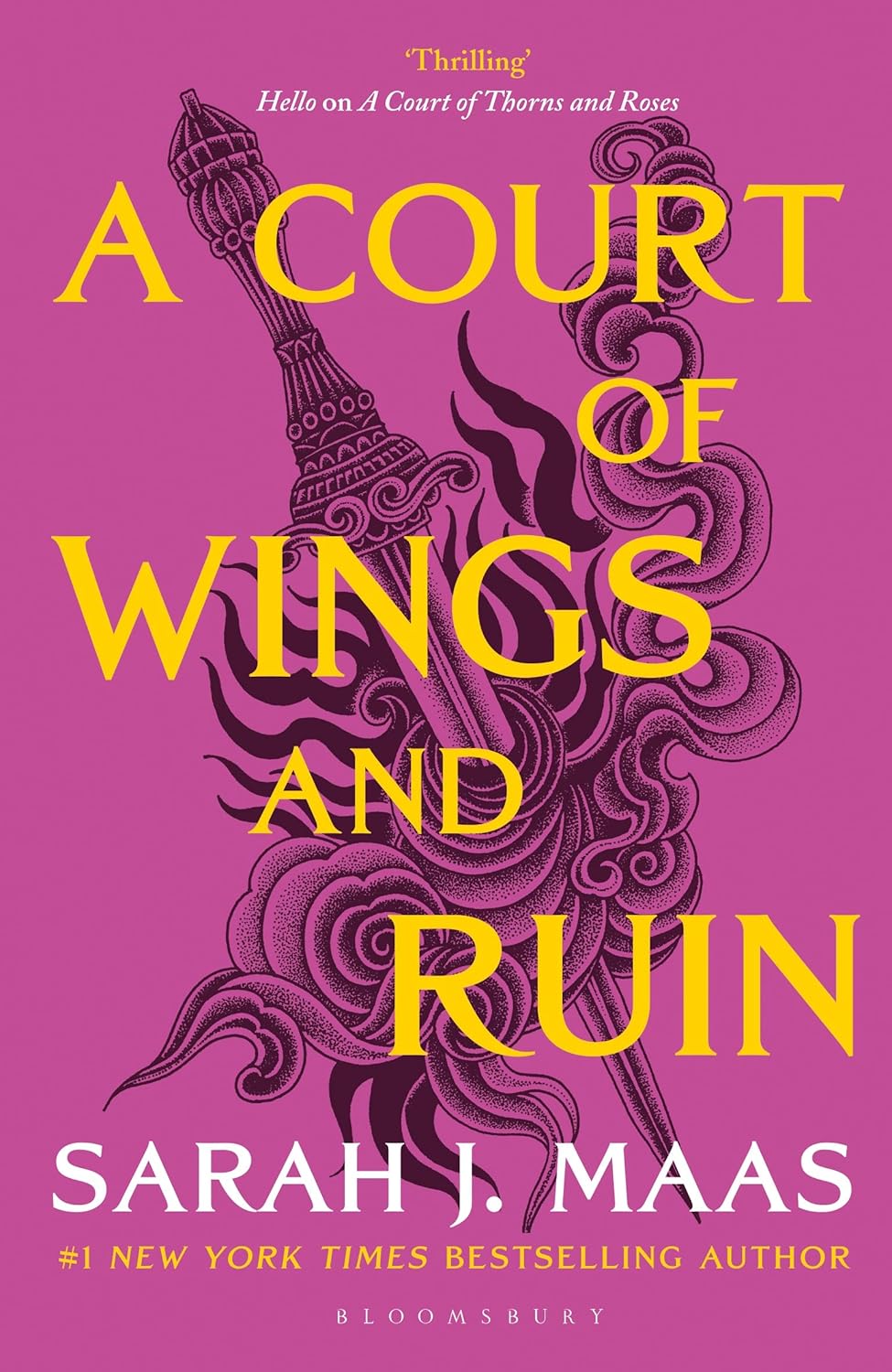 Book cover of 'A Court of Wings and Ruin' with a stylized wing design on a pink background.