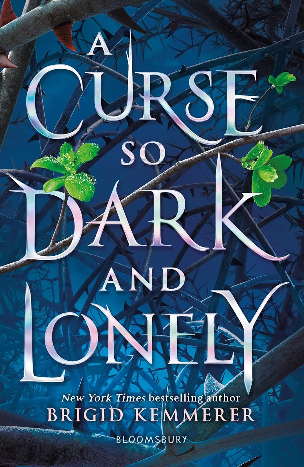 Book cover of 'A Curse So Dark and Lonely' with branches and leaves on a blue background