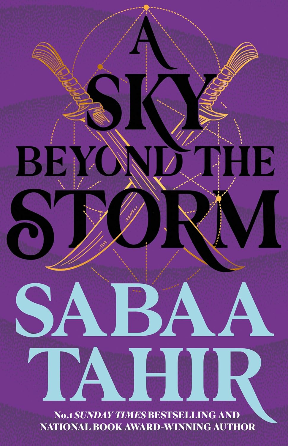 Book cover of 'A Sky Beyond the Storm' by Sabaa Tahir with a purple background and gold accents.
