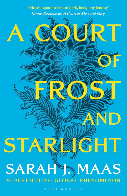 Book cover of 'A Court of Frost and Starlight' with intricate design and blue and yellow colors.