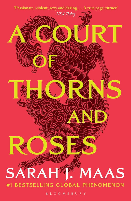 Book cover of 'A Court of Thorns and Roses' with intricate design on a red background